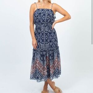 Misa Los Angeles Smocked Midi Dress Navy Multi Print Small NWT Boho Festival